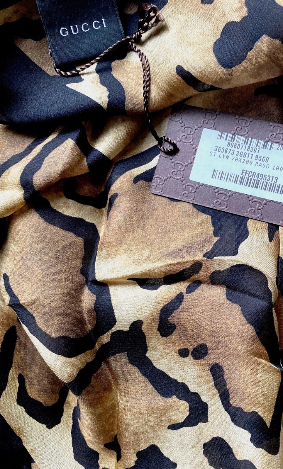 Pre-owned Gucci Unisex  Silk Scarf Leopard Animal Print Black Beige Chiffon Stole Scarf