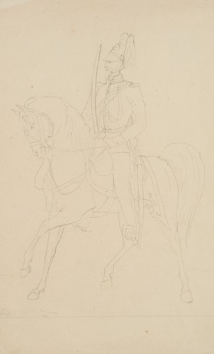 Skizze eines Ulanen zu Pferd mit Säbel, 19. Jh., Bleistift