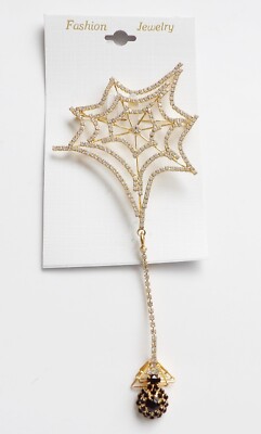 Statement Crystal Spider and Web Jewelry Brooch Pin Halloween 6'' Long NEW