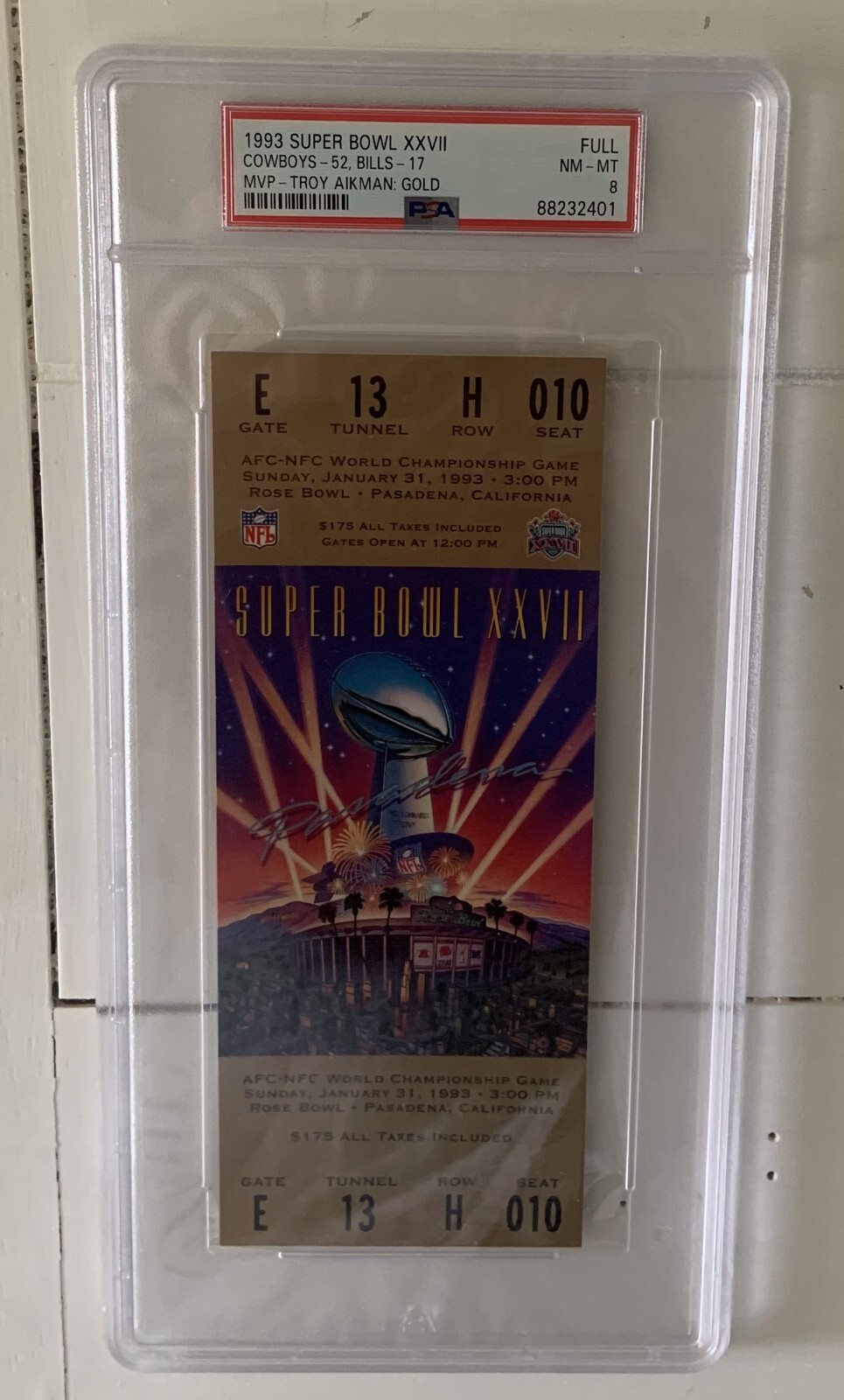 1993 Super Bowl XXVII RARE Gold Full Ticket PSA NM-MT 8
