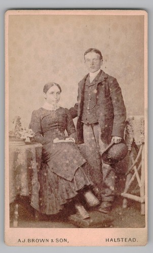 Antique CDV 1880s A.J. Brown & Son Young Couple Fashion Halstead Essex UK