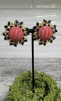 Vtg Craft Signed Cabochon Coral & Rhinestone Flower Statement Clip On Earrings
