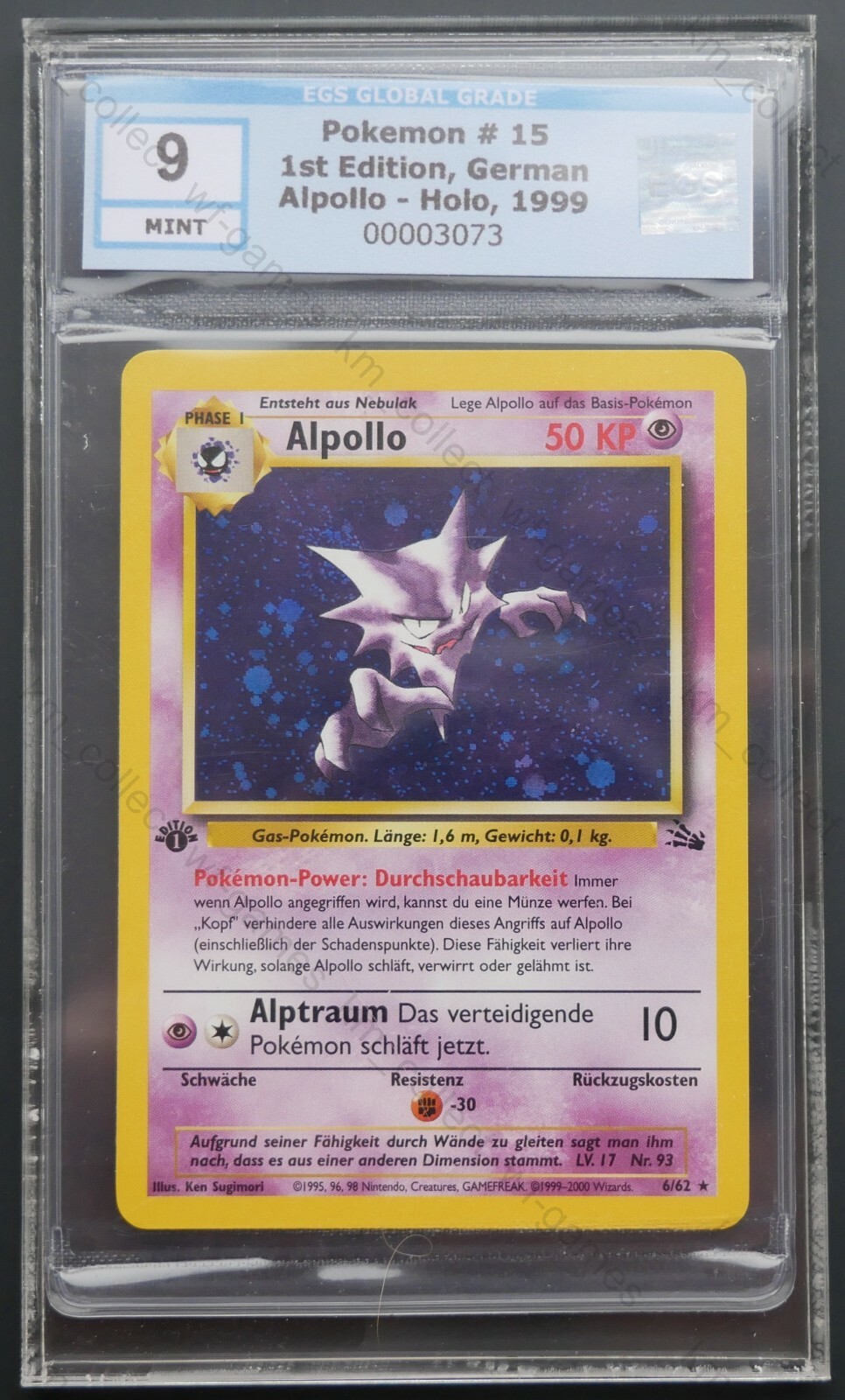 Alpollo HOLO Pokemon Karte 1 Edition Fossil 662 DEUTSCH PSA MINT EGS 9