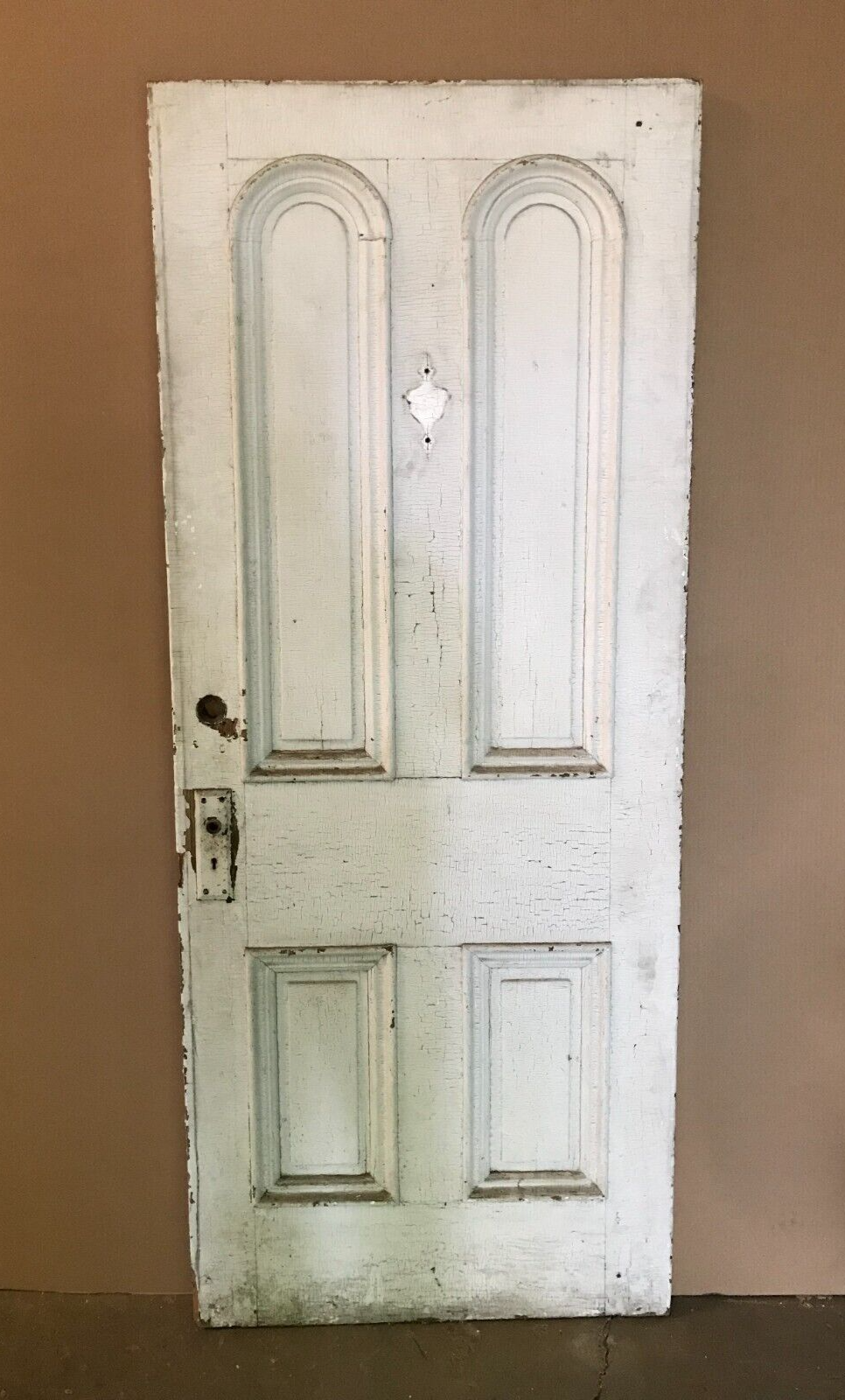 1 Antique Exterior 32x78 Shabby White Double Arch Wood Door VTG