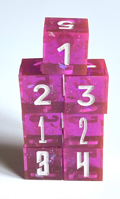 D6 Dice set of 7, resin, hand-made, translucent hot pink with shimmer