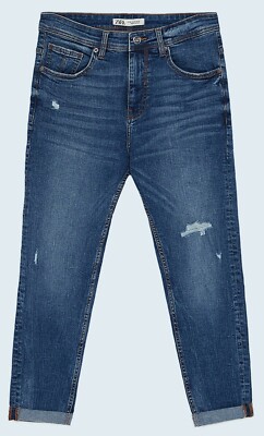 ZARA Men's 'Ripped Skinny Cropped' Washed Denim Jeans Mid