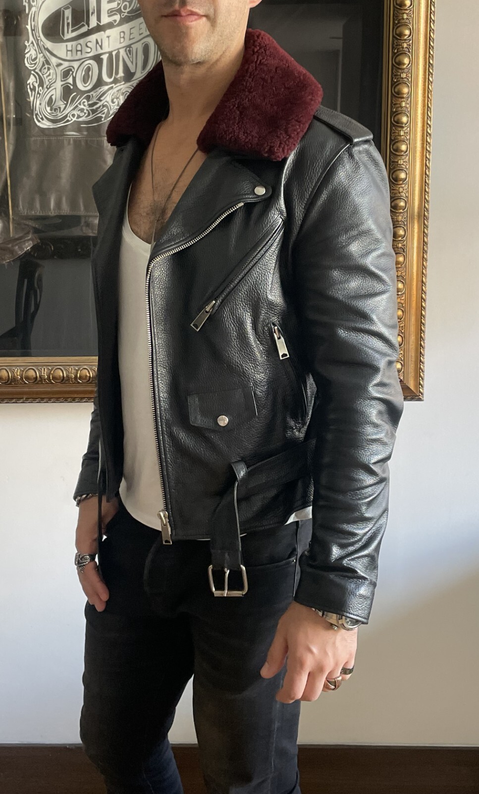 Sandro Leather Biker Jacket with Fur Collar Size M Schott Sandro Leather Biker Jacket with Fur Collar Size M Schott