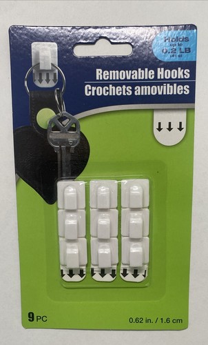 Brand New Sealed 9pc Removable Hooks 0.62 Inch Adhesive Holds Up To 0.2 LB/91g