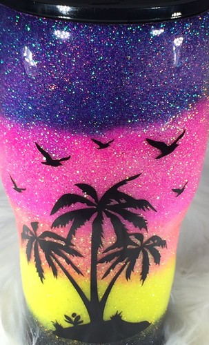 Custom Glitter Sunset Beach Tumbler With Palm Trees