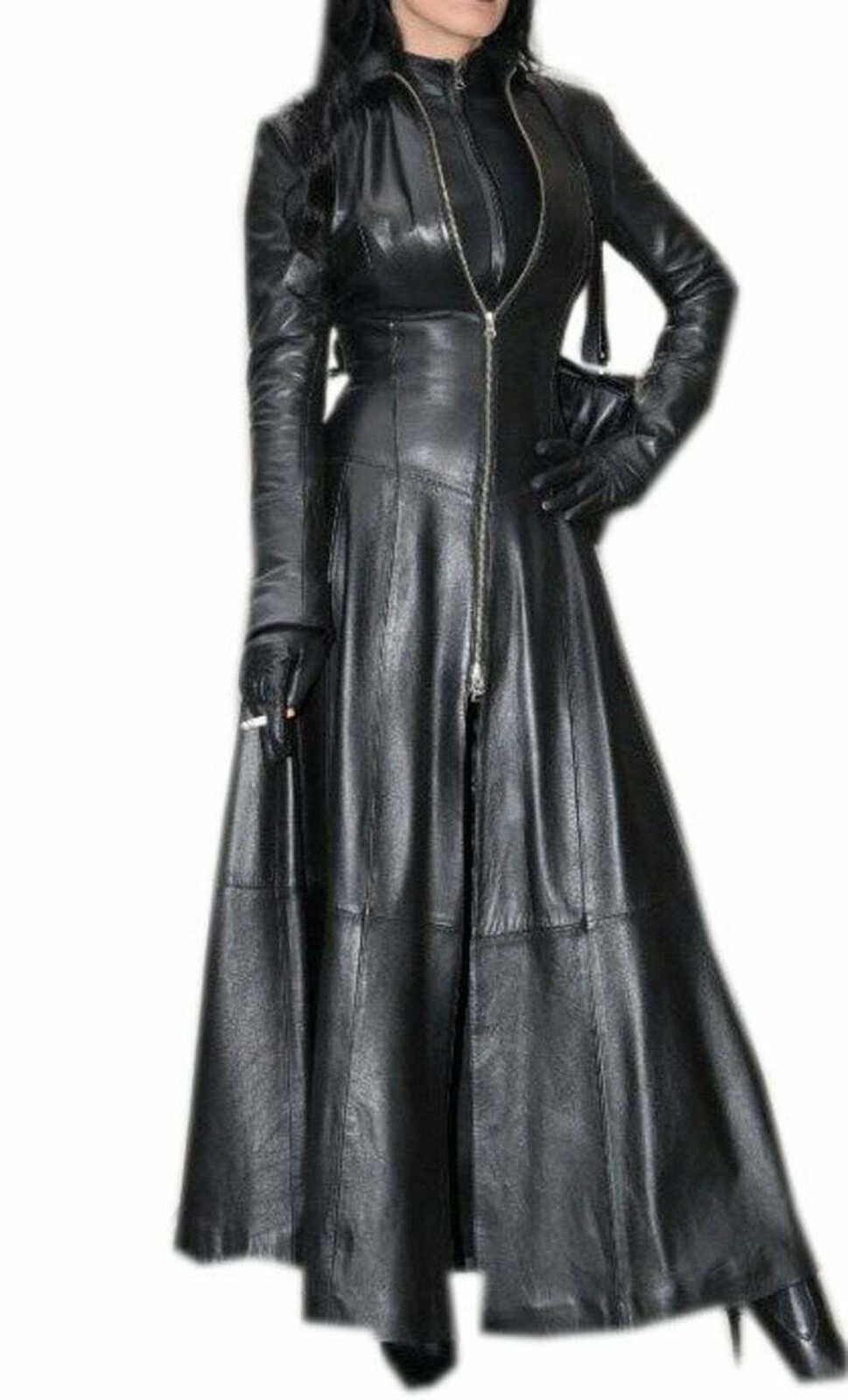 Womens Black Leather Trench Coat Steampunk Gothic Long Coat