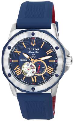 Pre-owned Bulova Marine Star Open Heart Blue Dial Diver Silicone Strap 98a282 Mens Watch