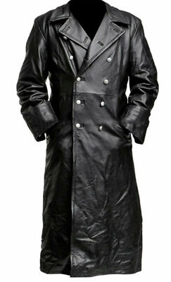 Officer Coat – Black SpazeUp Mens Double Breasted Black Leather Trench Coat