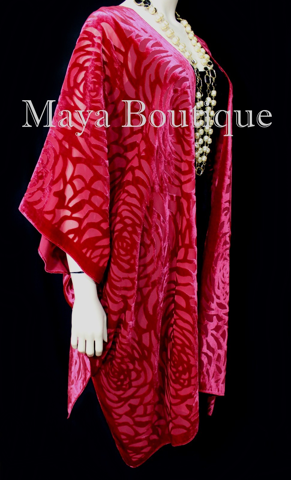 Pre-owned Maya Matazaro True Red Camellia Burnout Velvet Caftan Kimono Jacket Usa Made