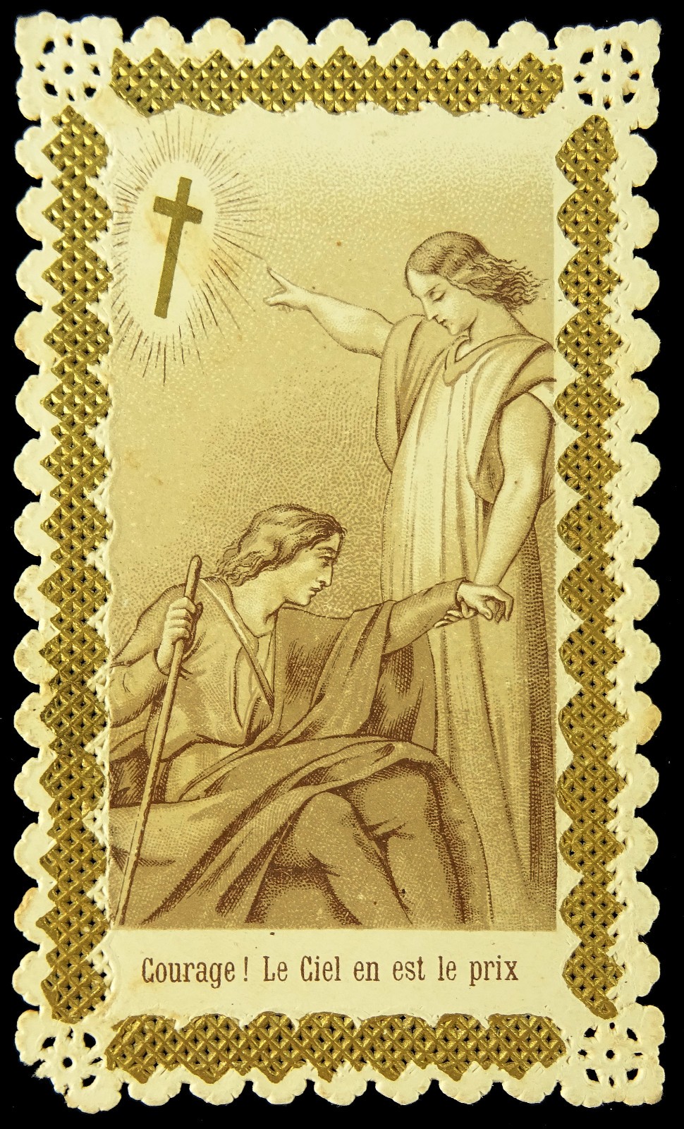 Courage Heaven is the Reward Antique Holy Card Golden Gilt French