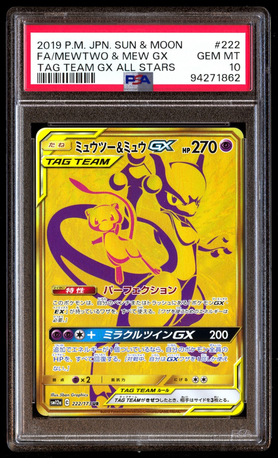 MYEMページ PSA 10 Gem Mint Mewtwo & Mew GX 222/173 Tag Team GX All
