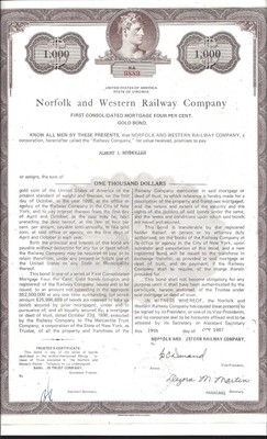 NORFOLK AND WESTERN RAILWAY COMPANY....GOLD MORTGAGE BOND DUE 1996