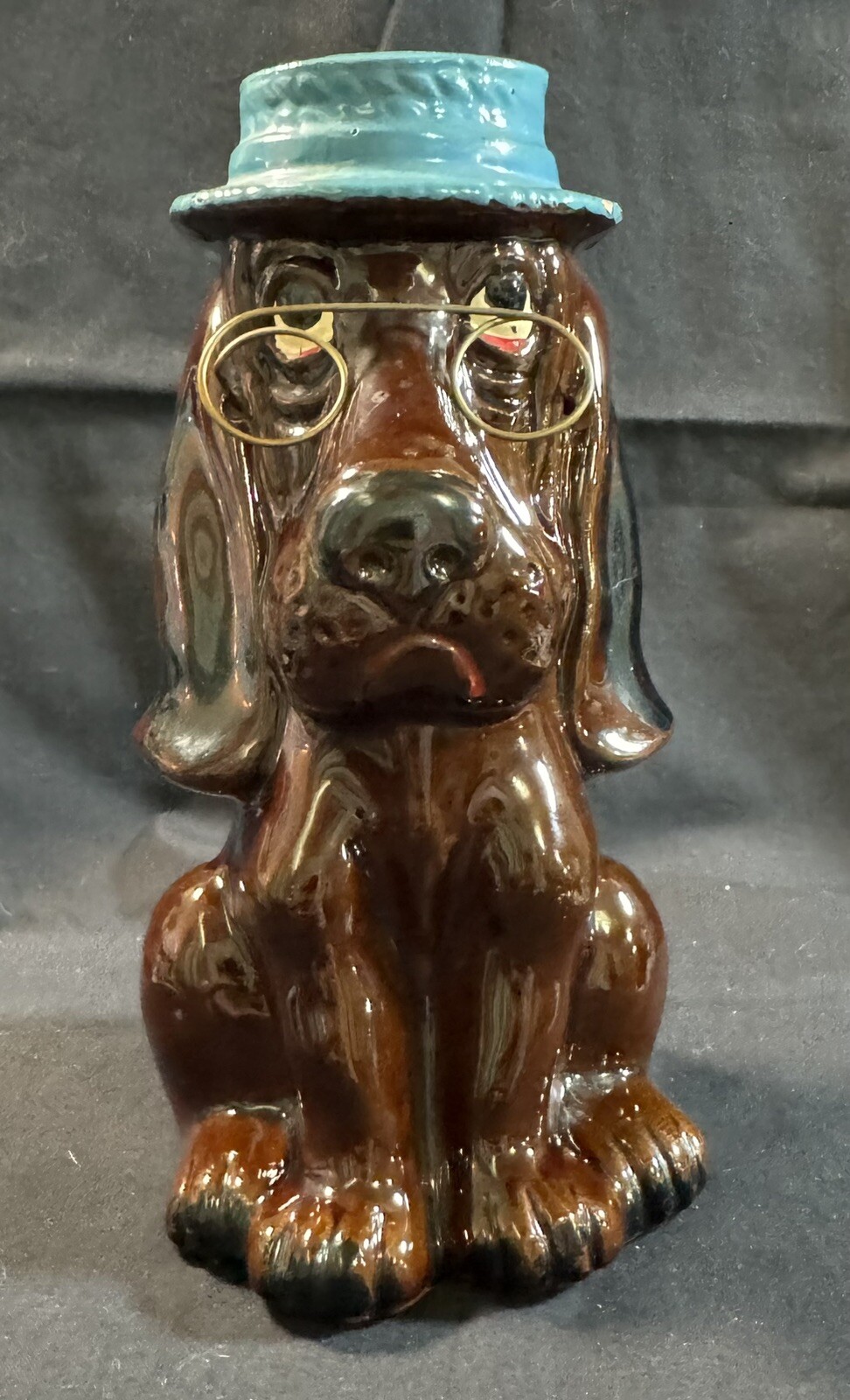 Vintage Enesco Droopy Hound Dog Coin Bank With Glasses  And Blue Hat Ceramic 7”