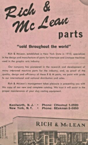 1977? rich & mclean linotype mergenthaler parts catalog, Kenilworth New Jersey
