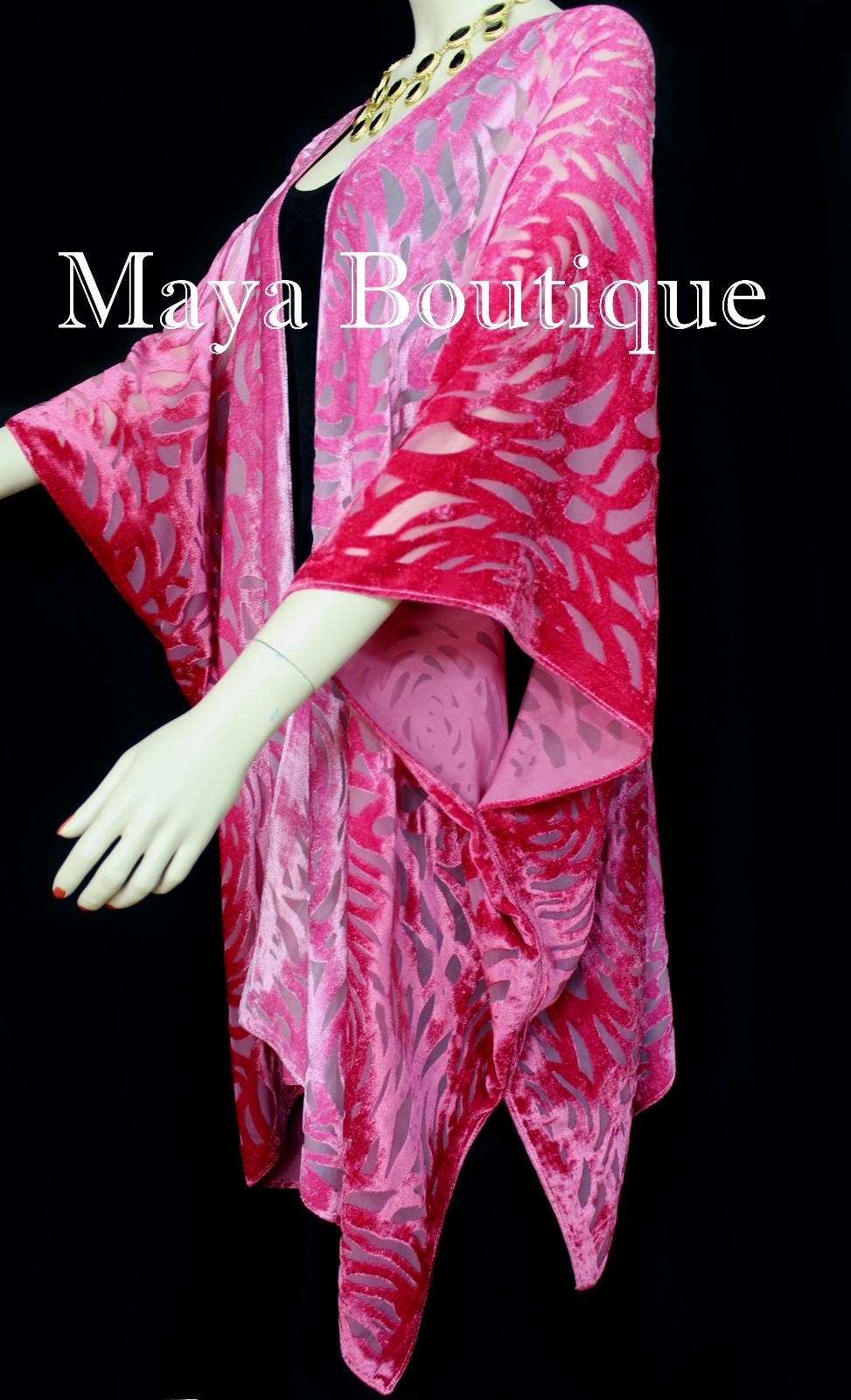 Pre-owned Maya Matazaro Pink Ombre Camellia Burnout Velvet Caftan Kimono Duster Hand Dyed