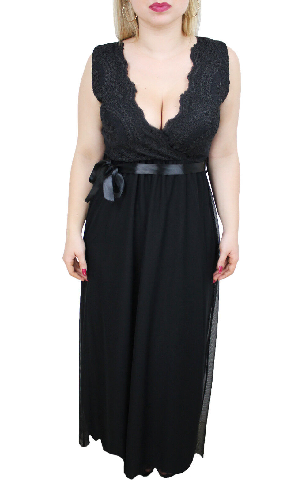6050 - Abito donna nero lungo 100% made in Italy vestito pizzo elegante merletti