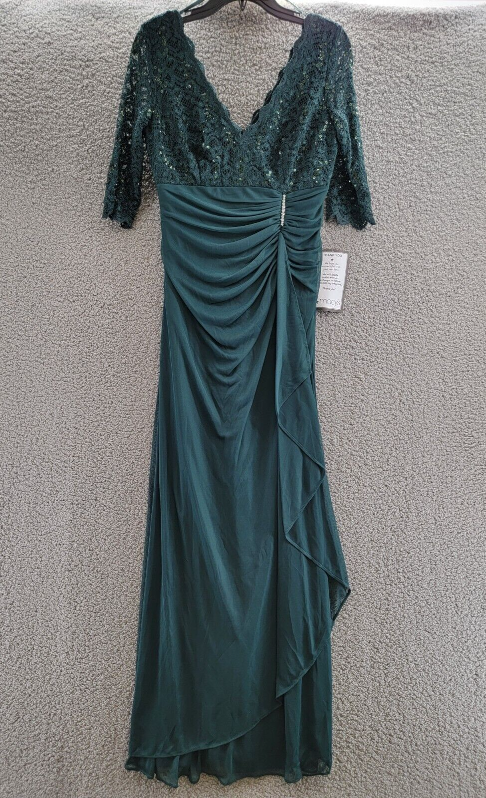 Betsy & Adam Lace-Top Waterfall-Detail Gown Women's 8 Pine Back Zip Closure - Picture 2 of 18