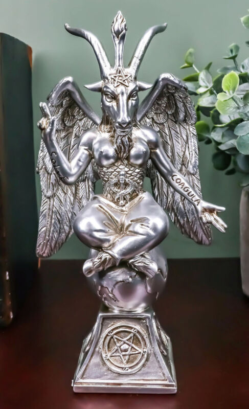 Antiqued Silver Finish Sabbatic Goat Idol Baphomet Satan Pentagram Figurine