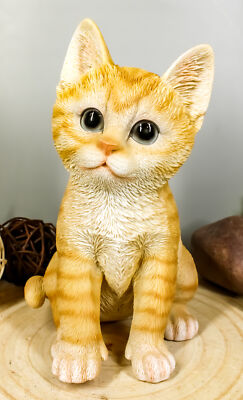 Realistic Sitting Orange Tabby Cat Statue With Glass Eyes Feline Decor Figurine