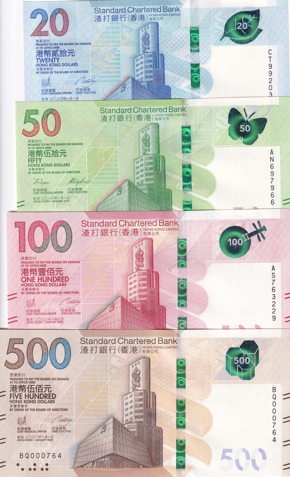 Hong Kong Set 4 UNC 20 50 100 500 Dollars Random Years P 302 303 304 305 SCB