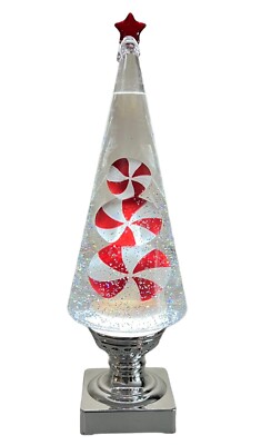 Glitter Swirl Lighted Water Snow Globe Red & White Christmas Tree Table Accent
