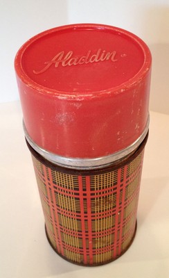 VTG Aladdin Metal Thermos Red Scotch Plaid Tartan Vinyl Picnic Lunch Bag Case