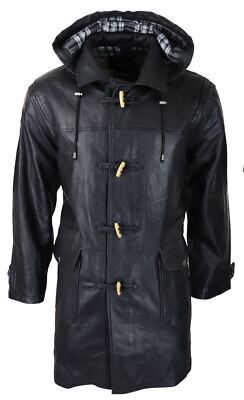 Pre-owned Truclothing Mens Black Real Leather Duffle Jacket Coat Toggle Classic Fisherman Hooded 3/4