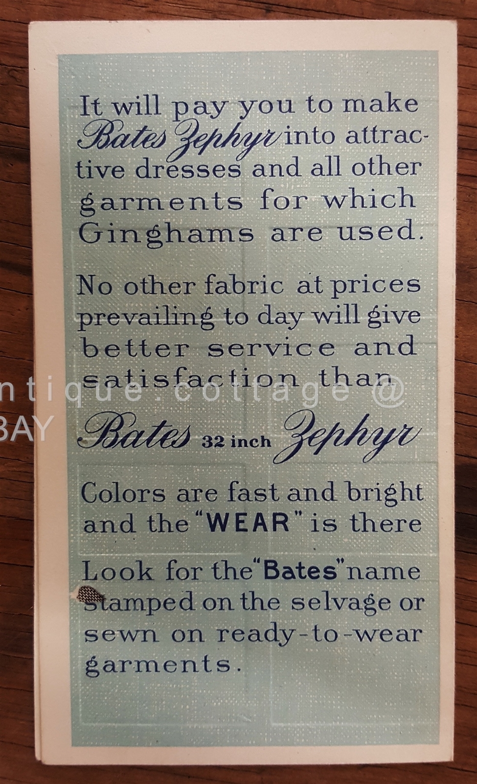 vintage antique FABRIC SAMPLE BATES ZEPHYR CARD norristown pa WARNERS DEPT STORE
