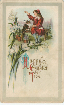 1911 Easter Postcard Girl Holding Spider Over Cat Happy Easter Tide Posted
