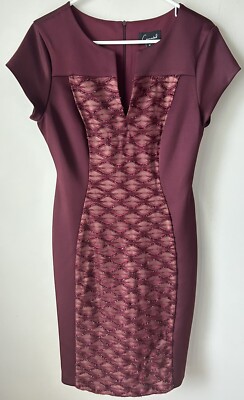 CONNECTED Apparel sz 10 Sheath Dress Stretch Knit Maroon Burgundy Nude LaceFront