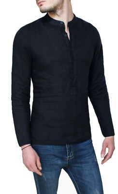 Camicia di lino uomo nero maniche lunghe estiva fresca elegante casual