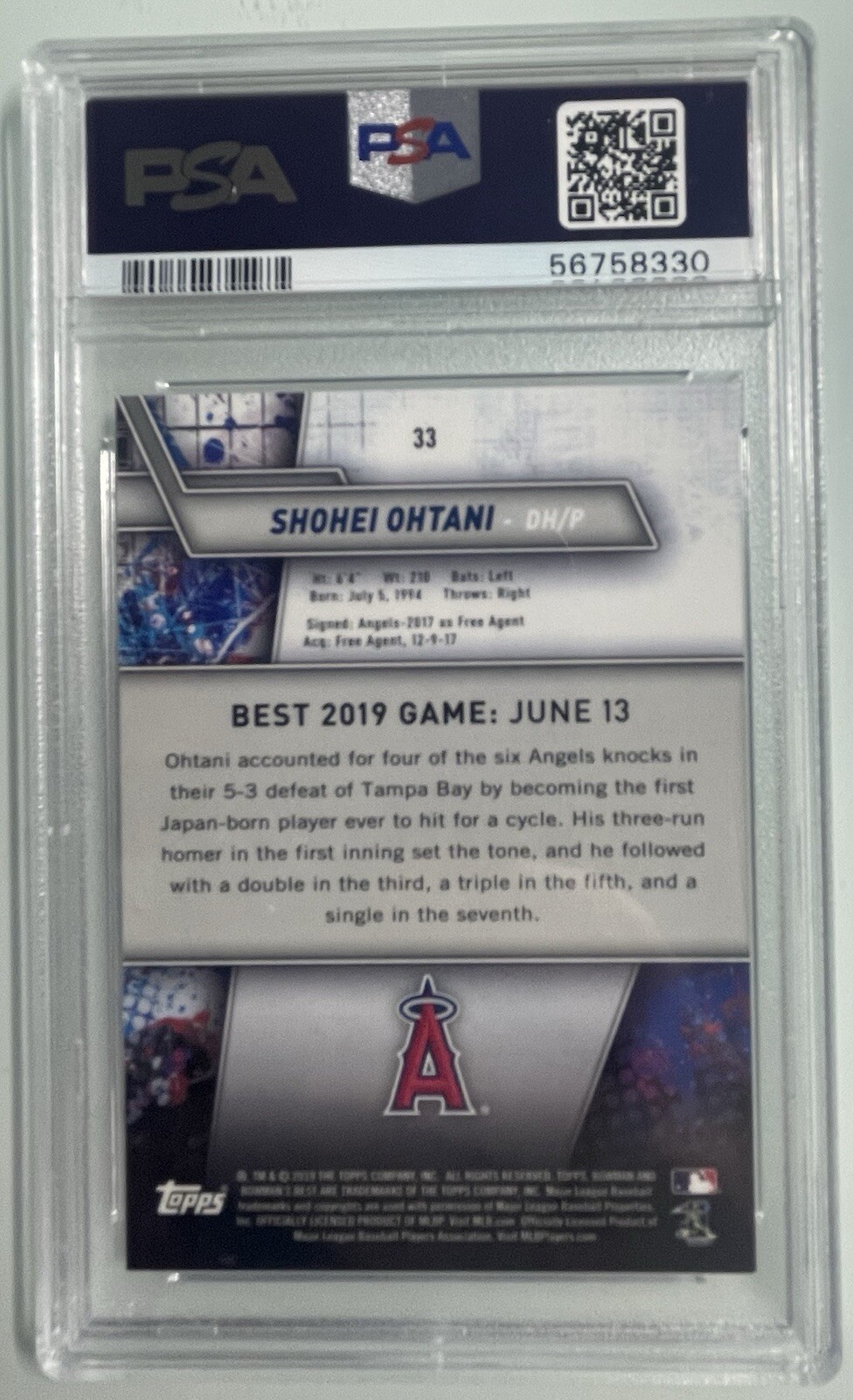 2019 Bowman’s Best #33 SHOHEI OHTANI ATOMIC REFRACTOR PSA 9 Mint Angels/Dodgers