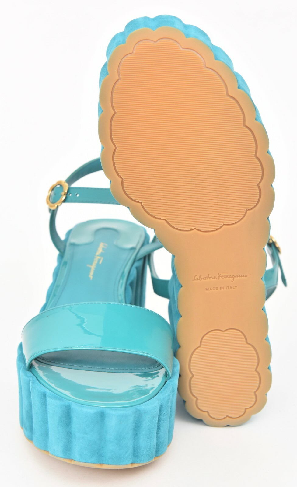 Pre-owned Ferragamo Salvatore  Tropea Teal Leather Flatform Sandals 9 B (eu 39 1/2) In Blue