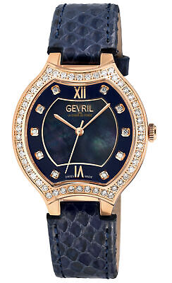 Pre-owned Gevril Women's 11253 Lugano Swiss Quartz Diamond Blue Mop Dial Leather Watch