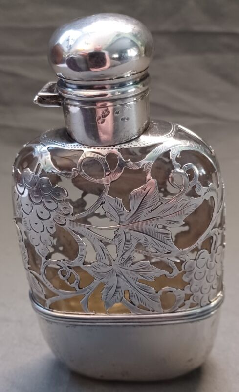 Alvin Sterling Overlay Flask w/Hinged Locking Cap and Attached Sterling Cup