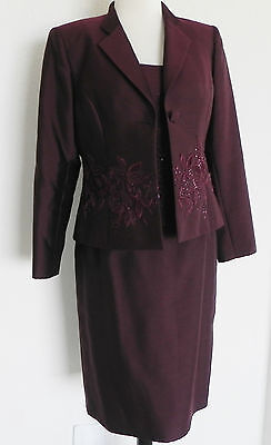 Albert Nipon 3pc Skirt Suit Burgundy Wool/Silk Embroidery/Sequin Trim Size 4P