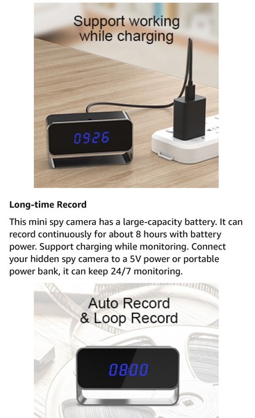 Digital clock with hidden spy camera features.