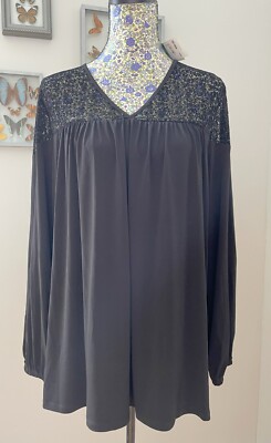 NWT Michael Kors 0X Black Slinky V Neck Top with Sheer Velvet Flock Shoulders
