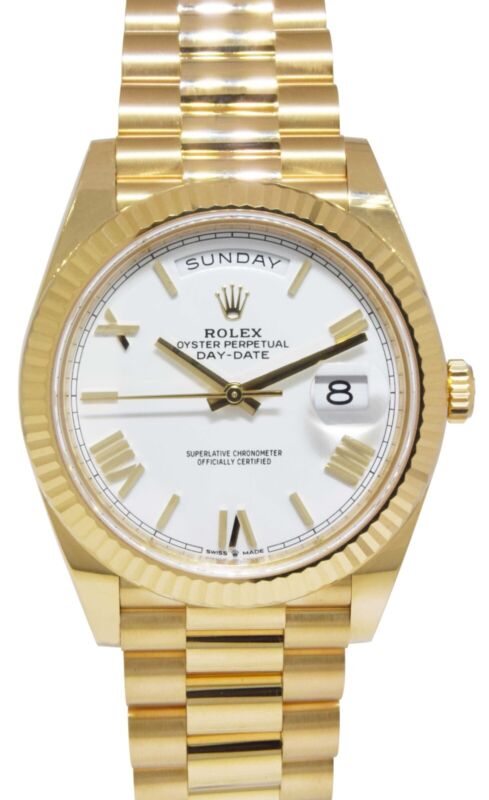 Nos Rolex Day-date 40 President 18k Yellow Gold White Dial Watch B/p 