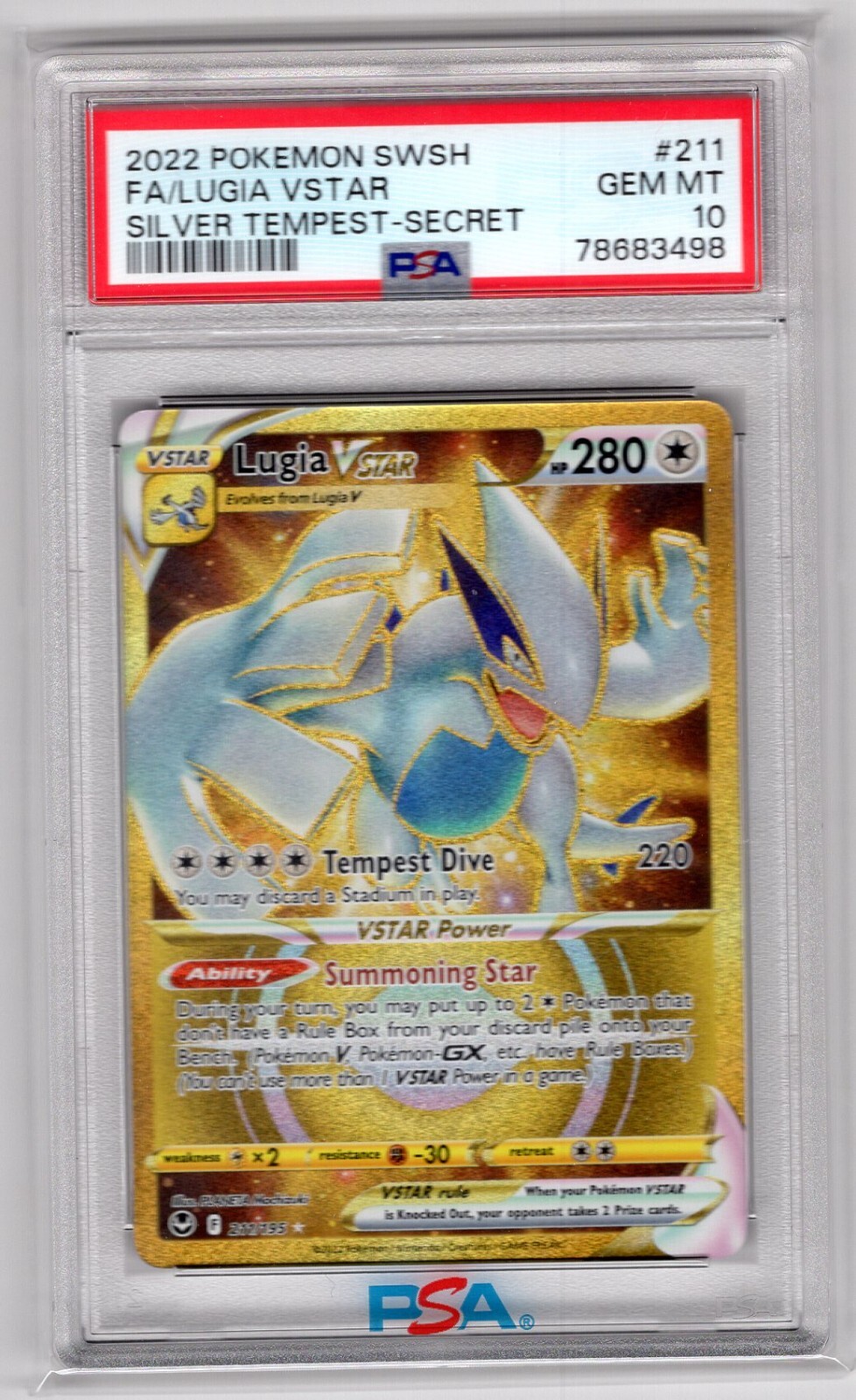 Lugia VStar 2022 Pokemon Silver Tempest Scret Rare Gold 211