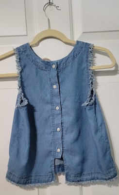 Thread & Supply Sleeveless Chambray Button Back Cropped Top XS Blue Raw Hem 