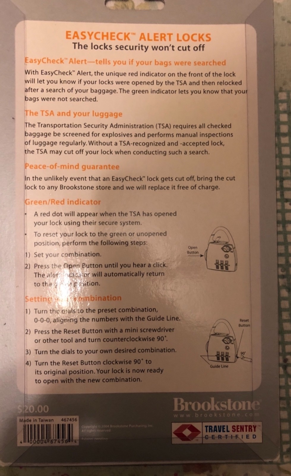 NEW - EASY CHECK RESETTABLE LOCK BY BROOKSTONE