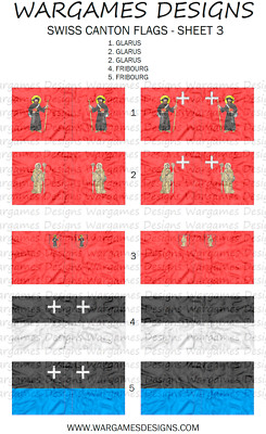 10mm Swiss Canton Flags - Sheet 3 - Pike & Shotte, FOG, DBR, Impetus, Baroque