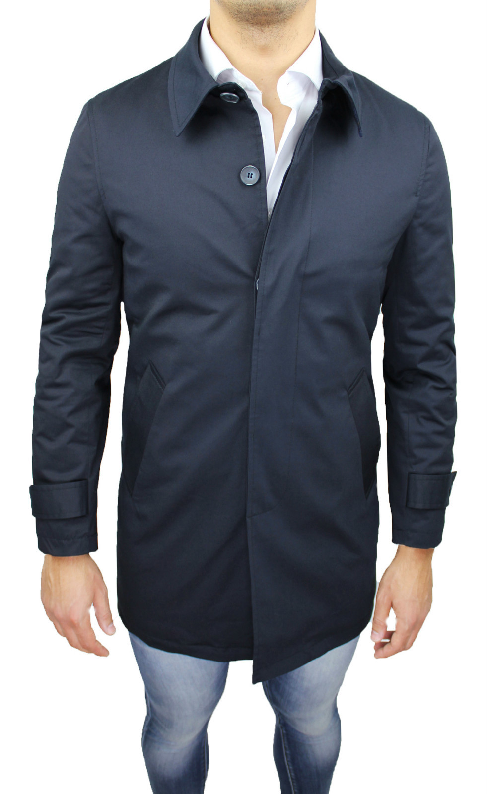 Trench Uomo Cotone Giacca Soprabito Uomo Blu Scuro Elegante E