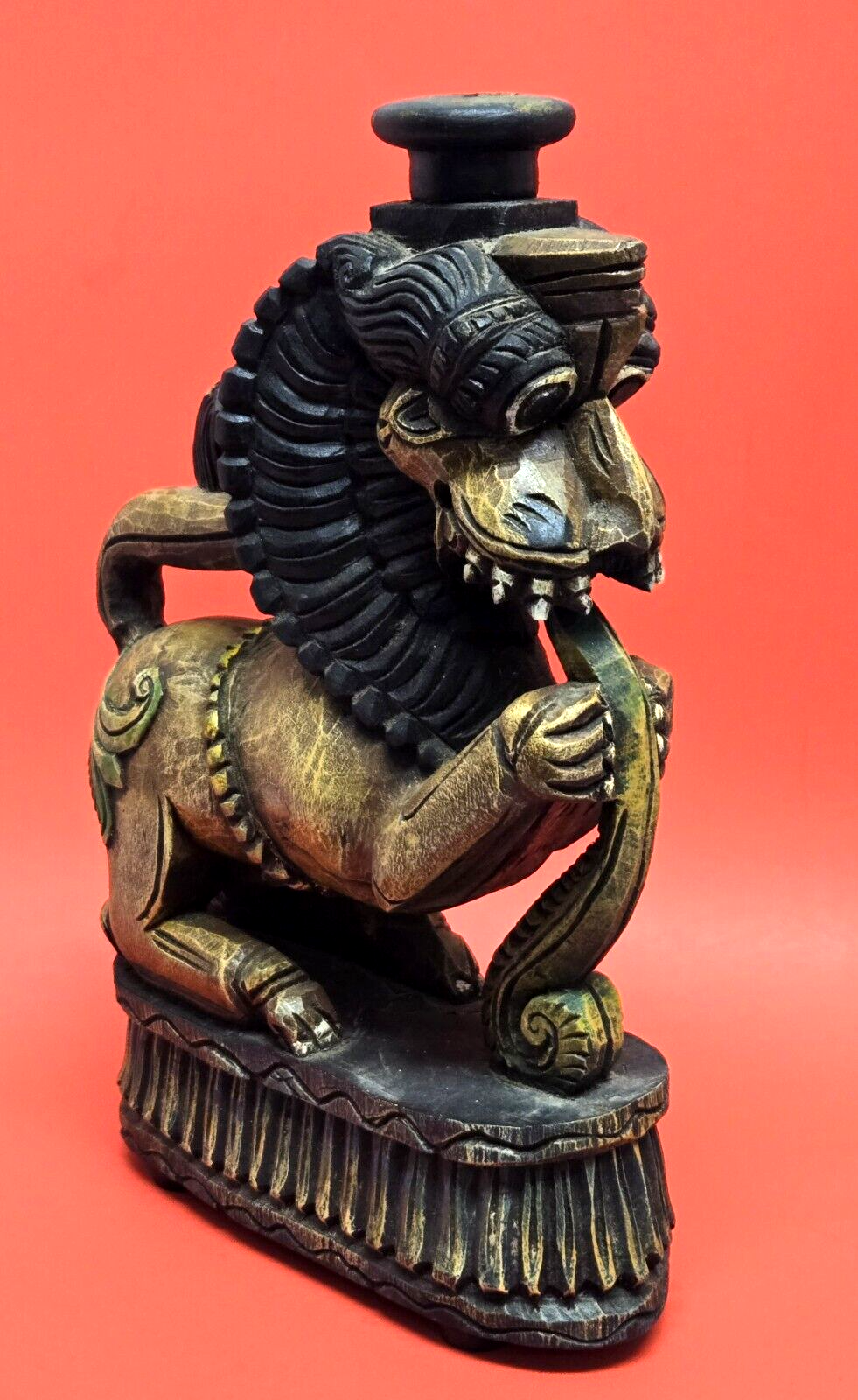 Rare Vintage Yali Hand Carved Wooden Hindu Temple Guardian Lion Candle Holder!  