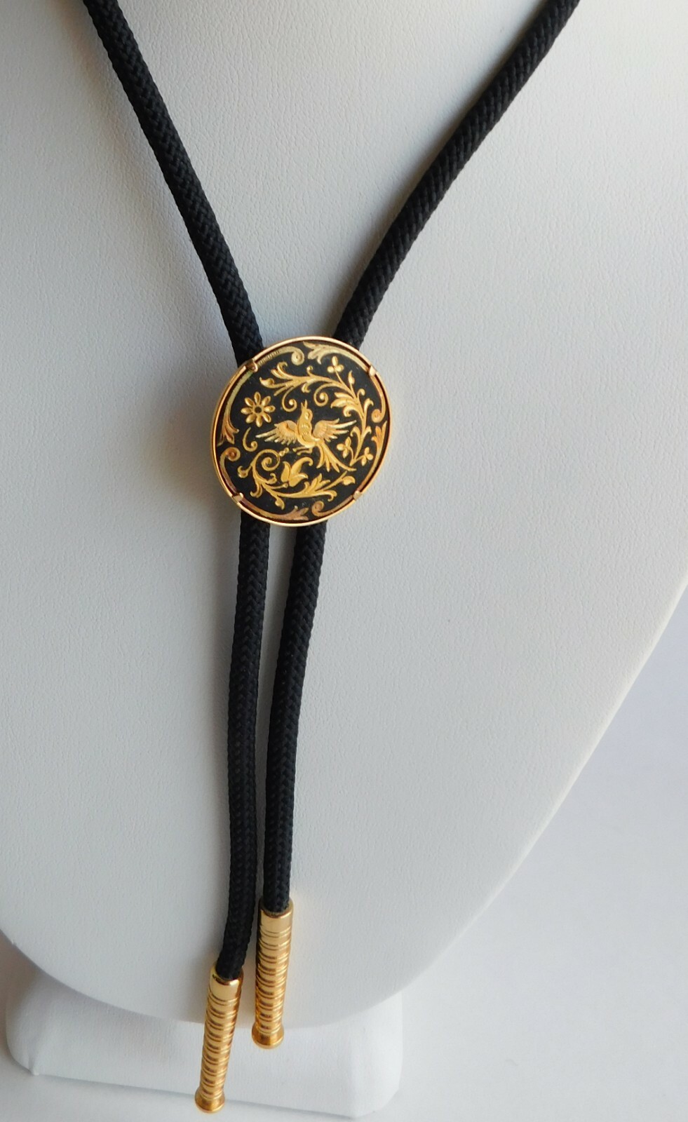 Vintage Spanish Damascene Gold Bird Inset Black Bolo Tie